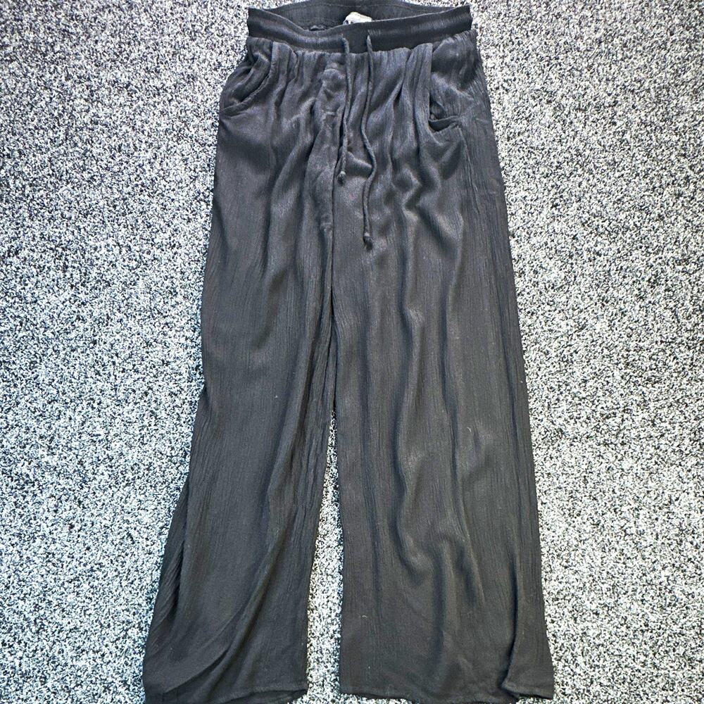 Ambiance Apparel Women's Black Rayon Woven Wide Leg Drawstring Pants Pockets S